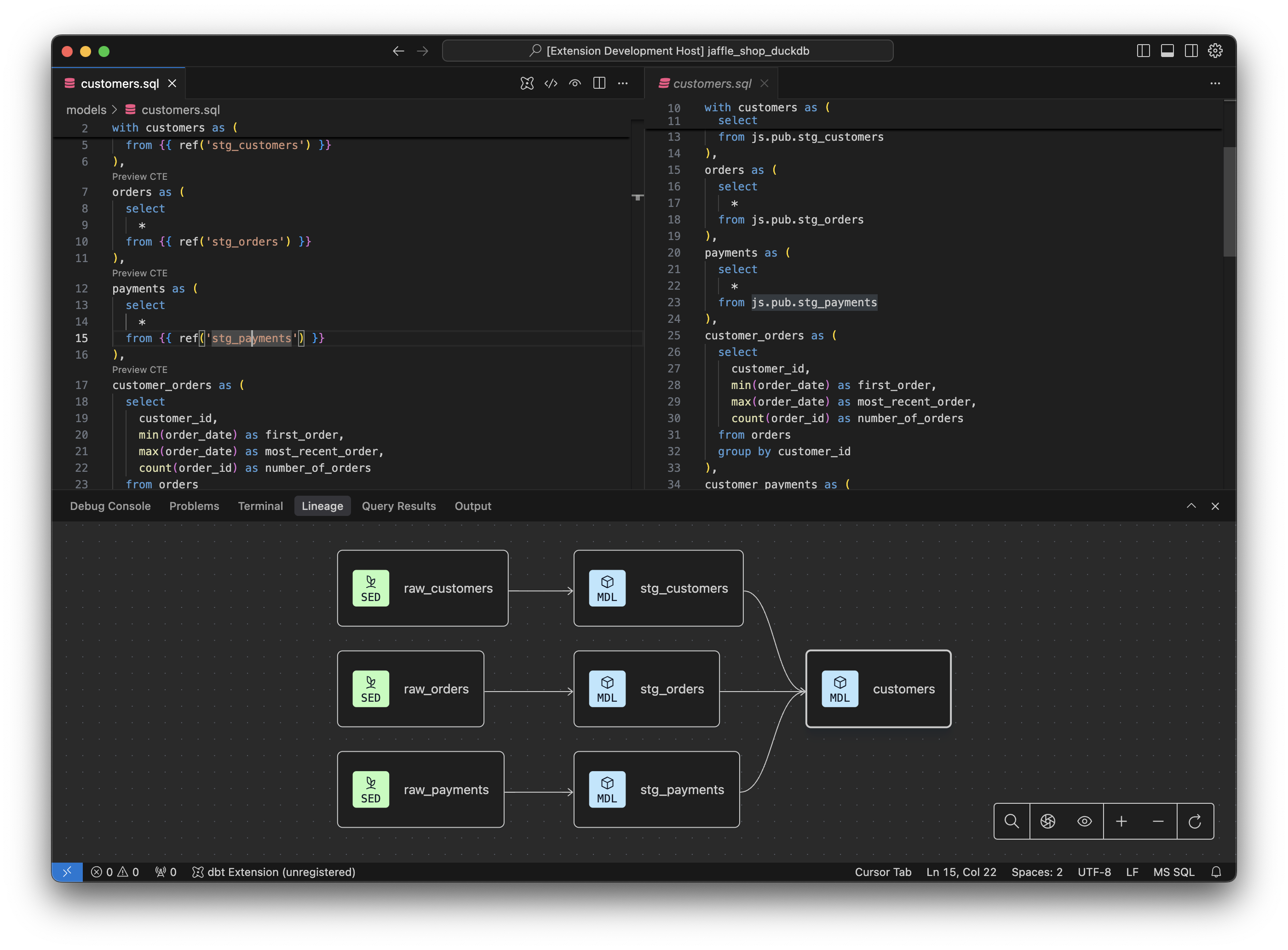 Showing lineage and compiled code in the extension